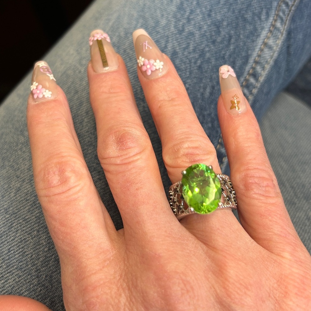 331. Chartreuse Quartz Thai Black Spinel Ring/Platinum Over Sterling - Picture 6 of 8